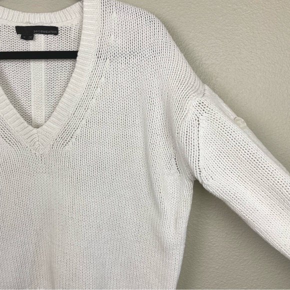 360 Sweater Women's Small White V-Neck Cotton Knit Sweater Button Sleeve Jumper - Picture 8 of 15